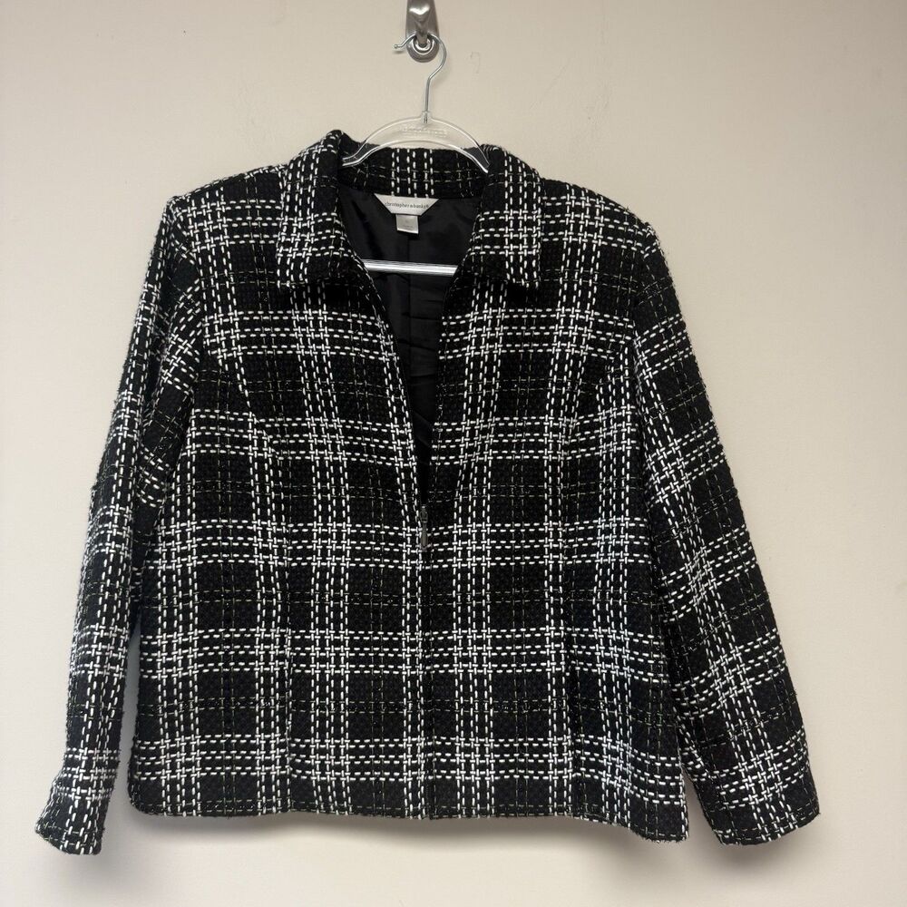 Christopher & Banks Women Size XL Full Zip Pockets Lined Black White Green Woven